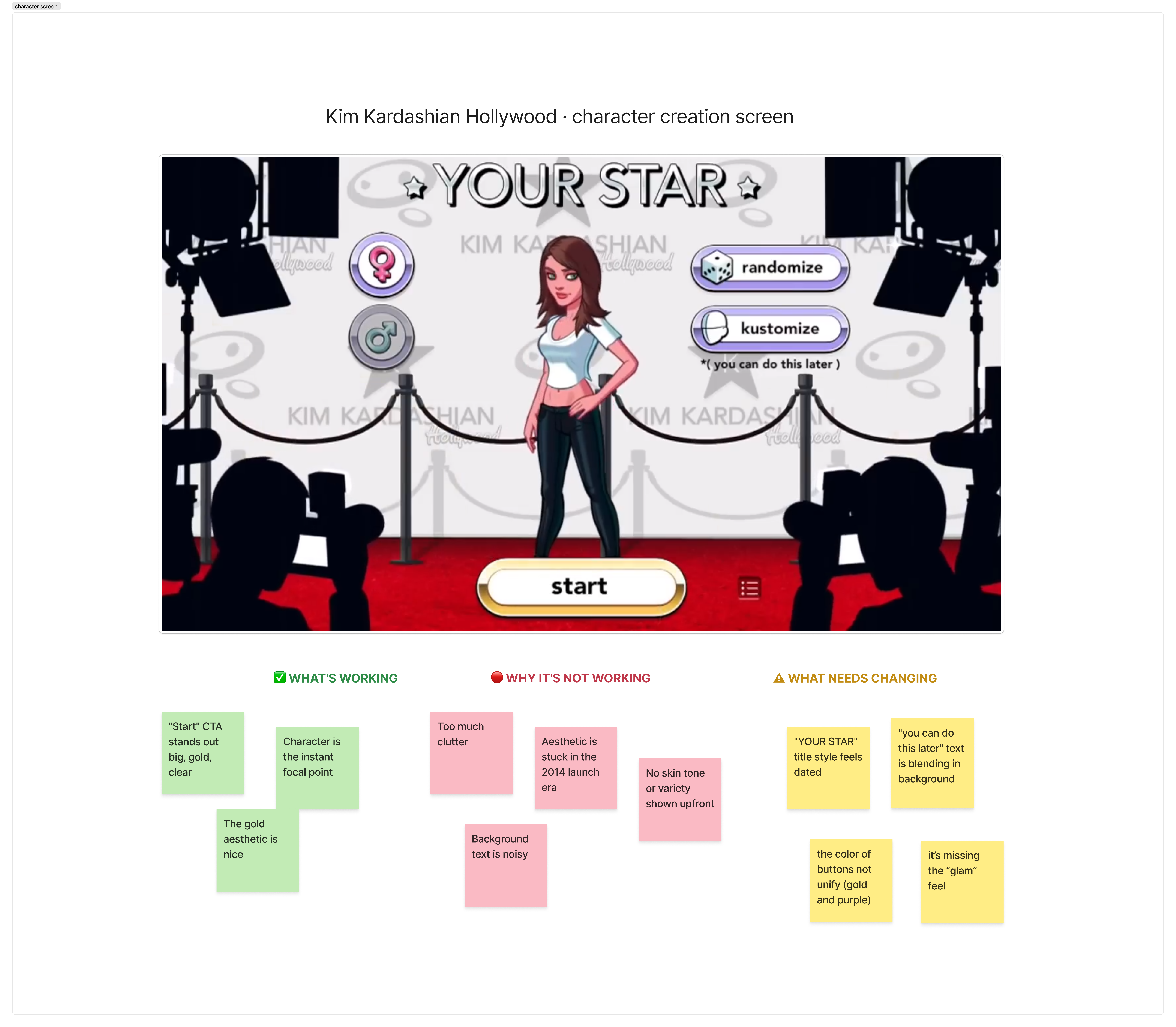 Annotated audit of the original starting screen